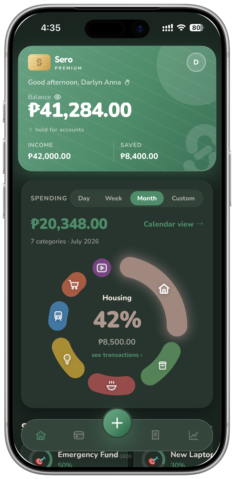 Sero's dashboard on an iPhone: balance, income and saved, and the spending wheel